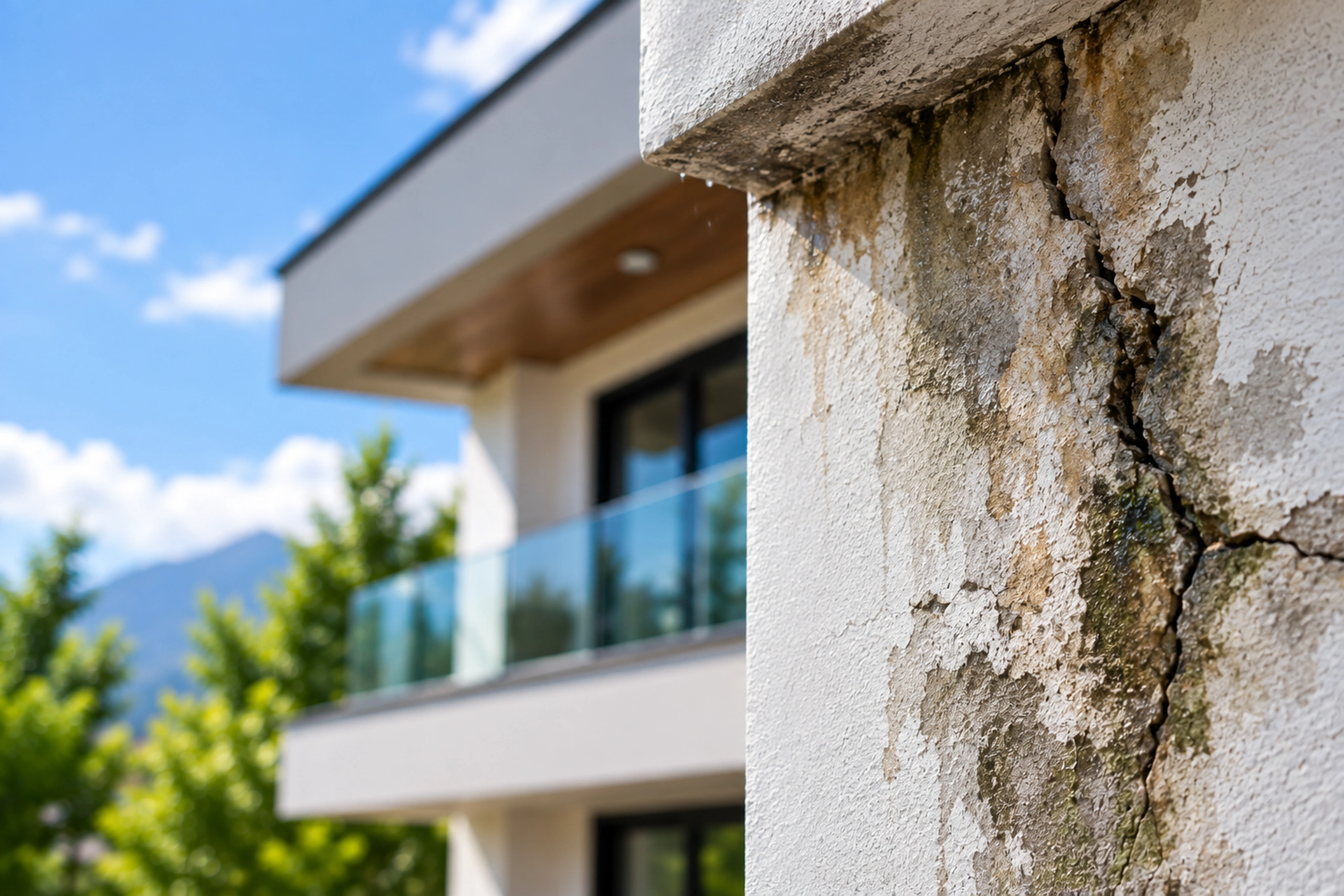 Water damage, staining and cracking on an exterior wall