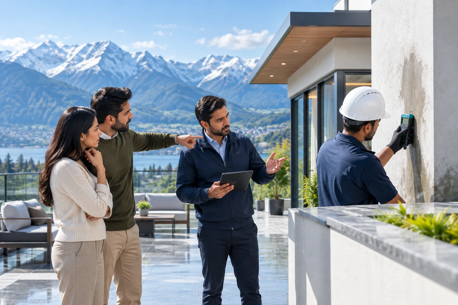 Homeowner, waterproofing consultant and technician inspecting a damp wall on a rooftop terrace.