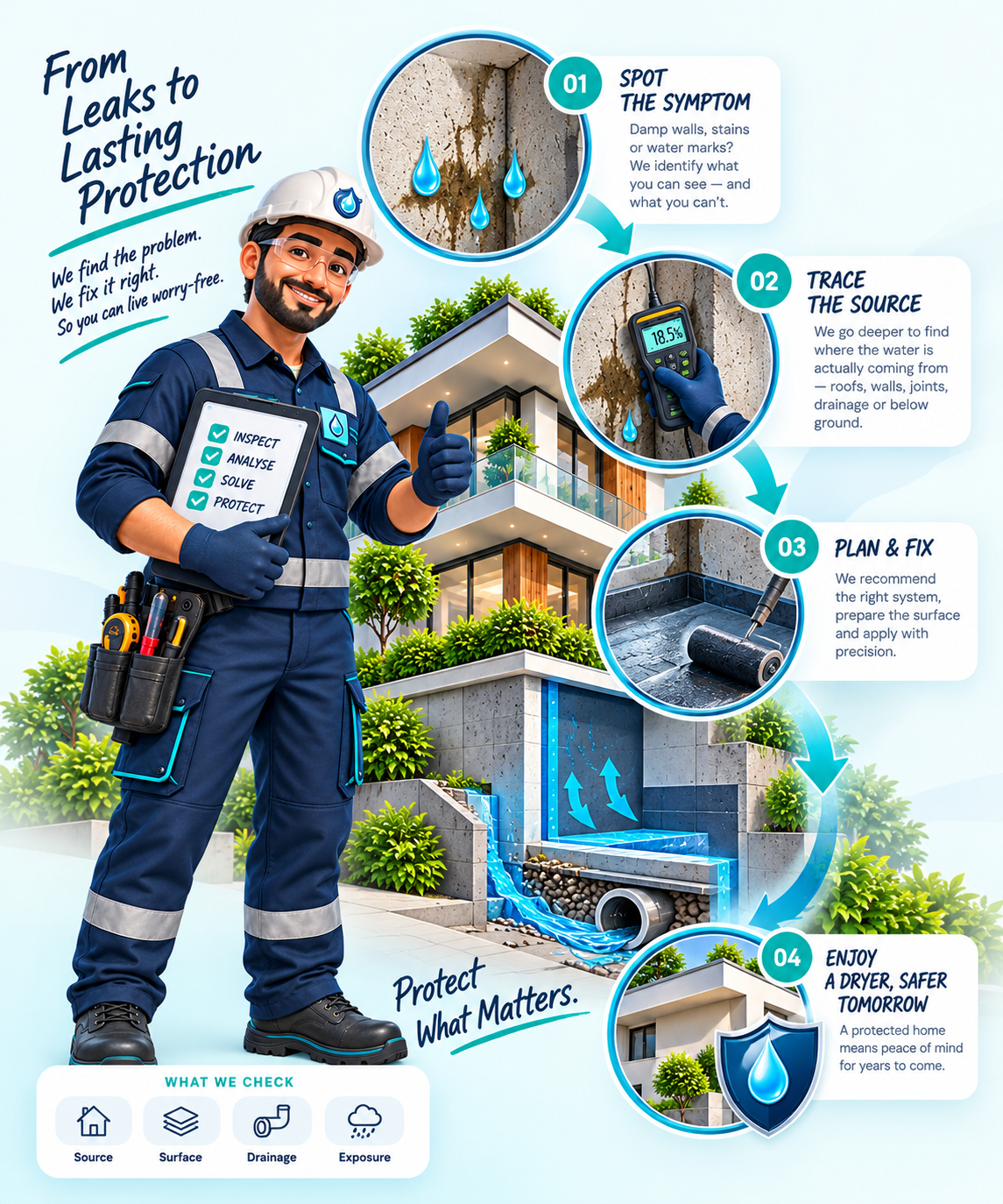 Aqua Shield Xperts customer journey from identifying water symptoms to lasting protection